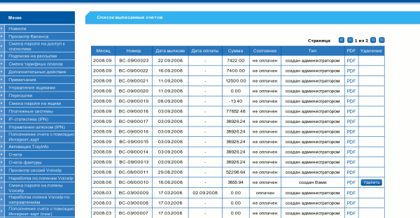 Список выписанных счетов