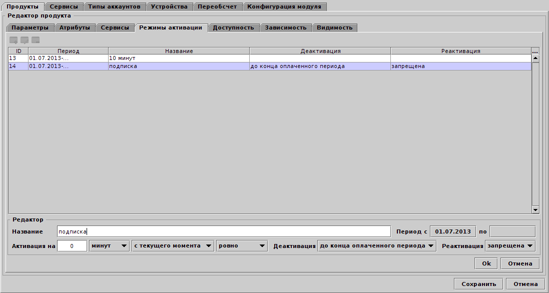 Режимы активации продуктов